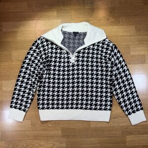 Talbots Sweater Womens Lg Black White Houndstooth 1/4 Zip Mock Neck Lagenlook